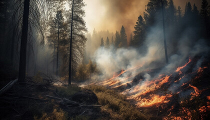 Burning forest, mystery in nature, spooky inferno, destroyed wilderness area generated by AI