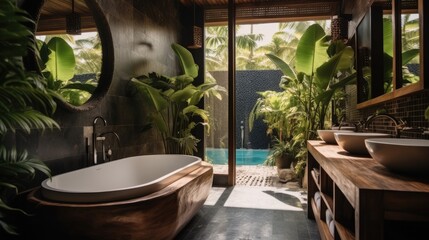 Fototapeta premium Semi out door bathroom of luxury villa, Accents of balinese, Wooden features.