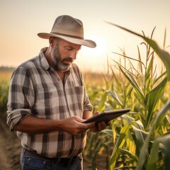 A modern agriculture farmer in a cornfield using technology to monitor and manage crop harvest, Generative AI