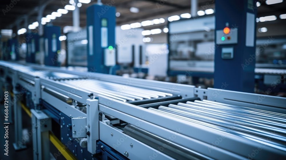 Poster high-speed automated packaging conveyor belt in a factory.