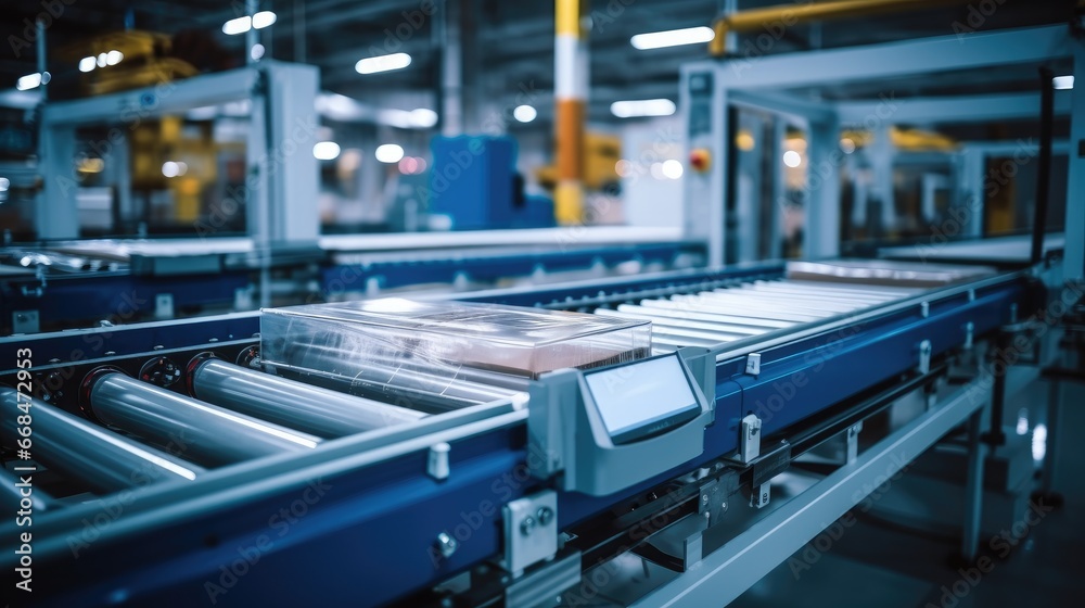 Poster high-speed automated packaging conveyor belt in a factory.