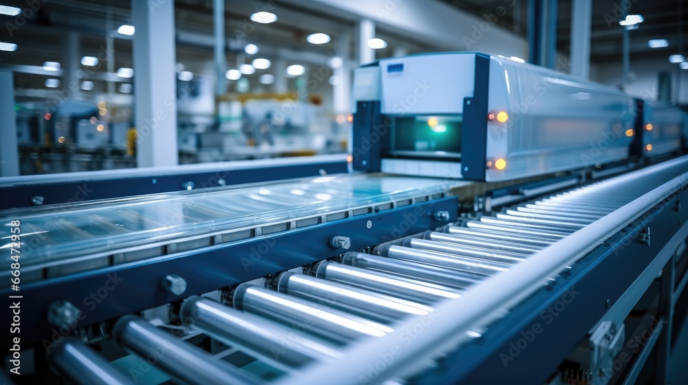 Poster high-speed automated packaging conveyor belt in a factory.