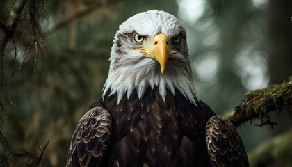 Majestic bird of prey perching on branch, looking at camera generated by AI