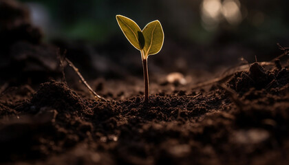 Fresh green seedling grows in dirt, symbolizing new life and growth generated by AI