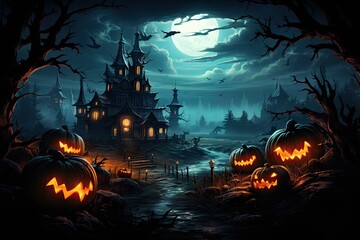Halloween moon night Perspective of Halloween abandoned castle, orange-red sky, bat, cute scary pumpkin face, boo, cemetery, four scary trees, spider web, Halloween concept by Generative AI - obrazy, fototapety, plakaty