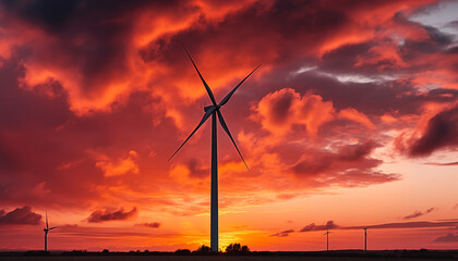 Obraz premium Silhouette of wind turbine spinning against moody sky at sunset generated by AI