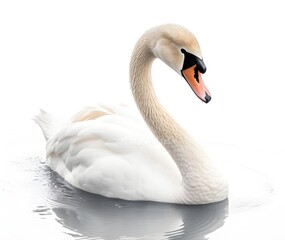half side view, elegant white swan and its reflaction in water isolated on transparent background. 