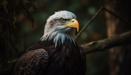 Obraz premium Majestic bird of prey perching on branch, talons in focus generated by AI