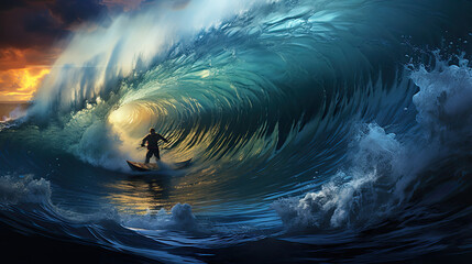 Surfer rides giant blue ocean large wave