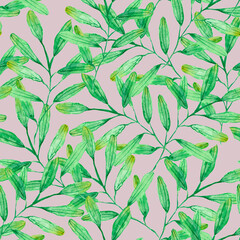 watercolor drawing, seamless pattern with green leaves and twigs