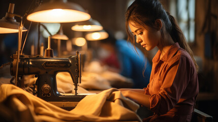 Fototapeta na wymiar Asian poor garments worker women working on sewing machine at factory.