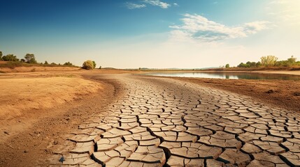 Dry river or lake with cracked ground. Concept of global warming and water crisis - obrazy, fototapety, plakaty