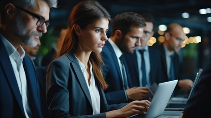 Executive directors looking at financial reports on laptop in office.