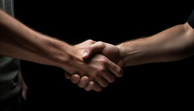 Businessmen shaking hands in a black background, symbolizing success and cooperation generated by AI