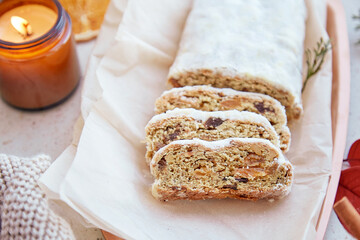 Aesthetic traditional German stollen bread. Cozy home breakfast. Happy holidays.