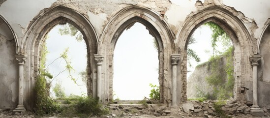 Ruined vintage arches of an abandoned ancient building Horizontal picture