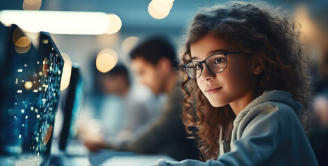 Little girl is learning to code on a computer at classroom. - obrazy, fototapety, plakaty