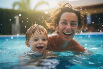 close-up Happy mothers with young son swim in a pool of warm clear water on vacation. Satisfied child learns to swim with his mother in the pool - obrazy, fototapety, plakaty