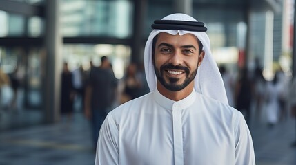 Arab middle-eastern man wearing emirati kandora traditional clothing in the city - Arabian muslim businessman strolling in urban business centre. - obrazy, fototapety, plakaty