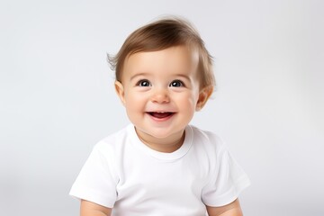 baby smiling and looking up to camera on a white background