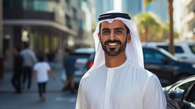 Arab middle-eastern man wearing emirati kandora traditional clothing in the city - Arabian muslim businessman strolling in urban business centre.