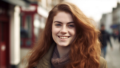 Smiling young woman, outdoors, looking at camera, confident and happy generated by AI