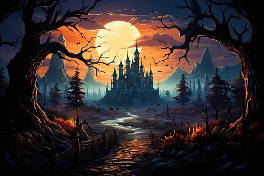 Halloween moon night Perspective of Halloween abandoned castle, orange-red sky, bat, cute scary pumpkin face, boo, cemetery, four scary trees, spider web, Halloween concept by Generative AI