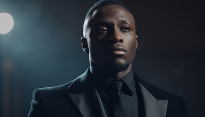 Fototapeta premium Confident young businessman in suit looking at camera, black background generated by AI