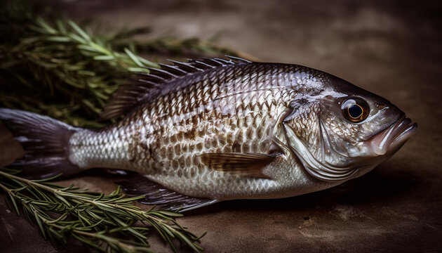 Fresh seafood catch, cooked gourmet meal, healthy eating with vegetables generated by AI