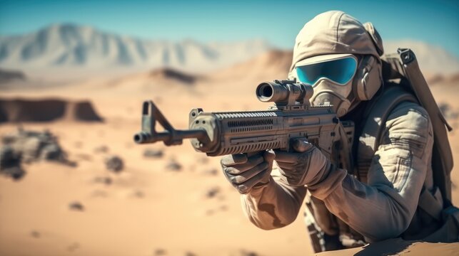 Soldier is shooting with futuristic gun at battlefield on the desert.