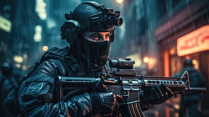Group of special forces soldier with gun is working in night city.