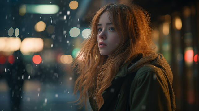 A Cinematic Photograph Of A Woman With Long Straight Red Hair Staring Into The Distance In A Snow Storm At Night In The City