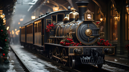 toy vintage steam locomotive on the floor under a decorated Christmas tree on a background of bokeh lights garland. Christmas and New year celebration concept