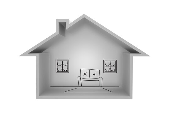Digital png illustration of house with windows and sofa on transparent background