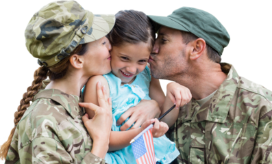 Digital png photo of caucasian male and female soldiers kissing daughter on transparent background