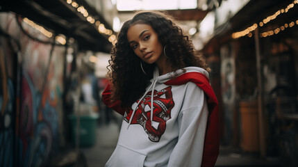 African American woman in streetwear fashion wearing a red and white sports hoodie, looking at the camera in a city market