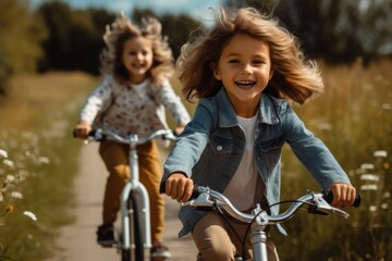 Two children having fun on bicycles in nature.
