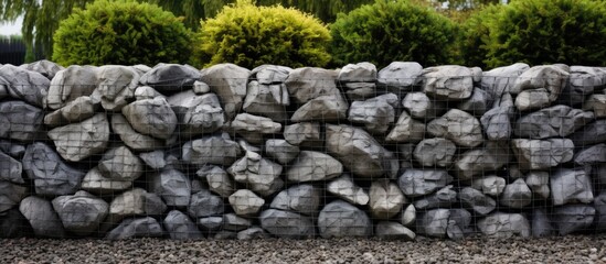 Rectangular gabion baskets hold grey stones in a wire mesh retaining wall topped with a green hedge