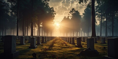 A graveyard for the dead with rows of sacred gravestones. Each sign tells a story. The concept of the legacy of those lost in war by generative ai.