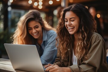 Two girls looking at a laptop while there laughing.
