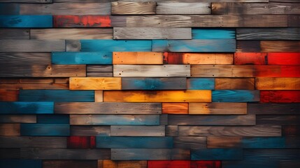 Distressed and multicolored wood wall featuring an abstract painting, brick wall