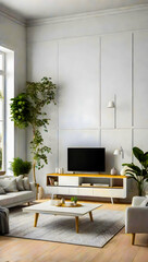 modern living room concept, new technology, White Scandinavian interior design with sofa, copy space