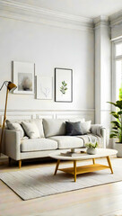 modern living room concept, White Scandinavian interior design with sofa, copy space