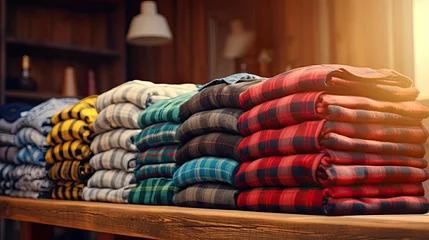 Poster stacked flannel shirts on wooden table © Rangga Bimantara