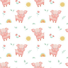 Seamless pattern with cute watercolor piglet character on white background. Funny farm animal pig for textiles or fabric for newborns.