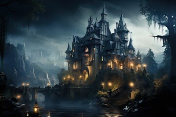 vampire Castle with a landscape of trees, foggy, in the night, photorealistic by Generative AI
