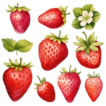Watercolor set of strawberries isolated on transparent background