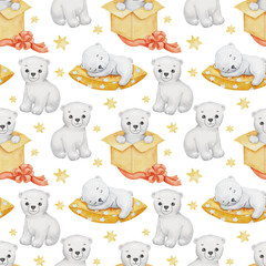 Seamless pattern with cute polar baby bear in different poses. Watercolor cartoon hand drawn childish pattern for kids or newborn. Funny little animal on white background