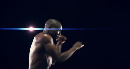 Boxer, man and hands in fast punch in sports training, workout and strong muscle body in bokeh overlay. African, athlete and energy of fitness model, fist fight and black background in studio mockup