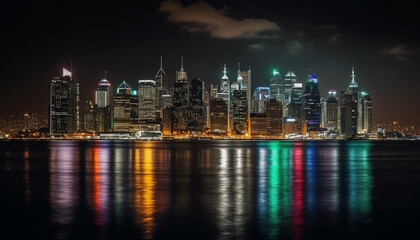 Fototapeta na wymiar Night skyline illuminates the famous cityscape with vibrant colors generated by AI